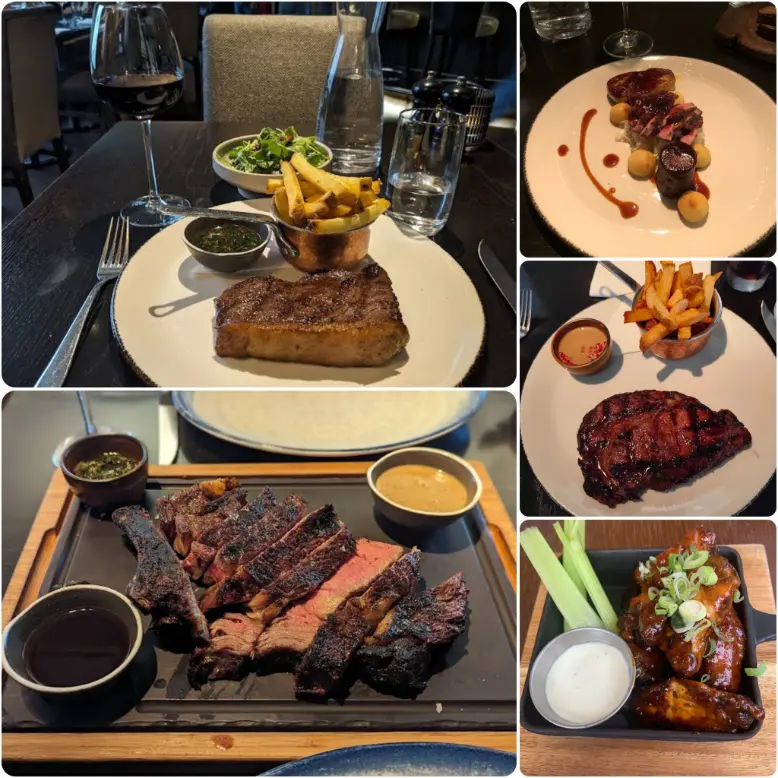 A collage image of wood fired lamb chops and steak of Asador in Dublin.