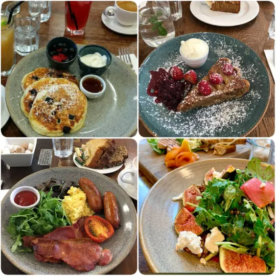 A collage image of signature scones and sausages of Avoca café in Dublin.