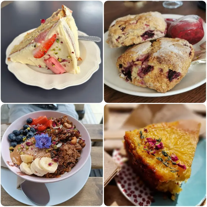 A collage image of strawberry scone, cookies and dessert of BaaBaa café in Dublin.