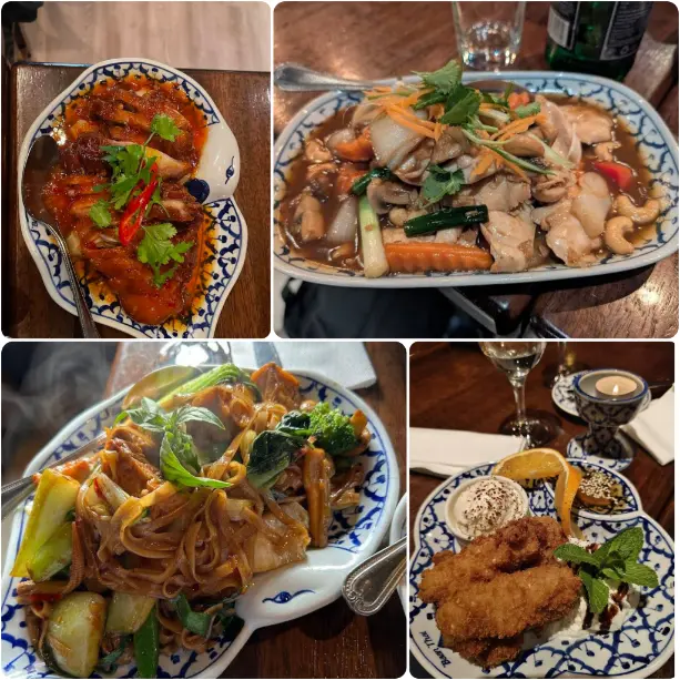 A collage image of Thai food, soups and noodles of Baan Thai Ballsbridge in Dublin.