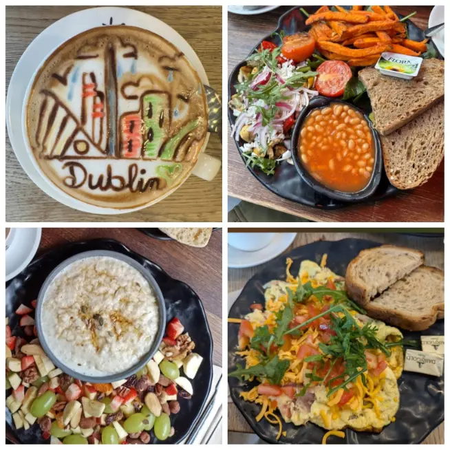 An Image showing beans, flat bread and coffees in Beanhive Coffee in Dublin.