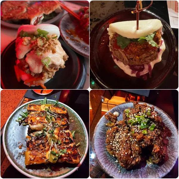 A collage image of cheeseburger, chicken and snacks of Big Fan Bao.