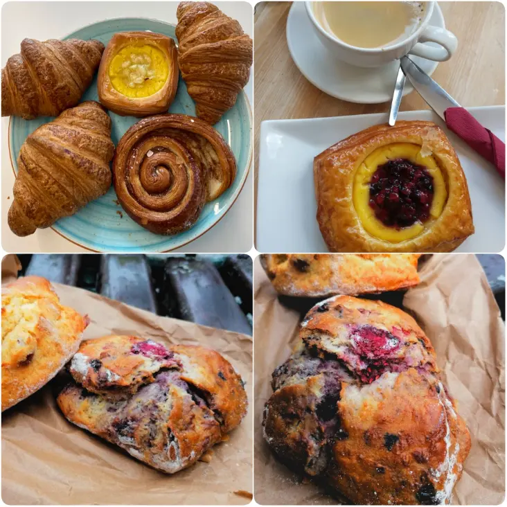 A collage image of berry cheesecake, mixed berry scone and coffee of Bretzel Bakery in Dublin.