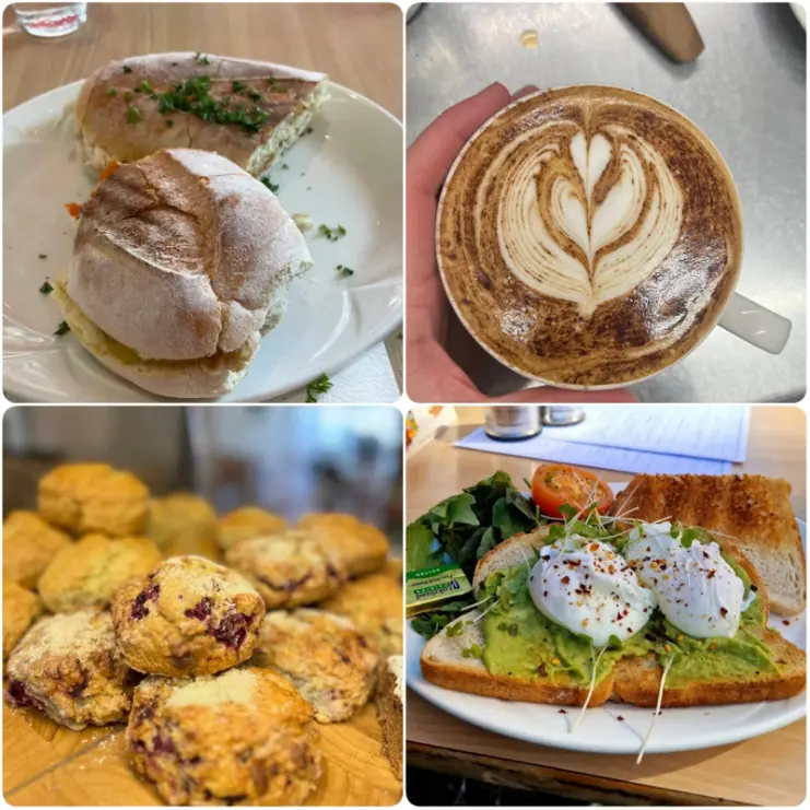 A collage image of chocolate blueberry scones and coffee of Brewbaker café.