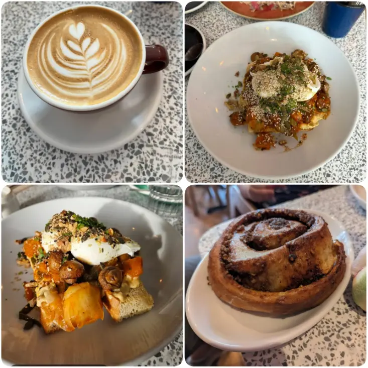 A collage image of ginger scone, coffee and snacks of Brother Hubbard.