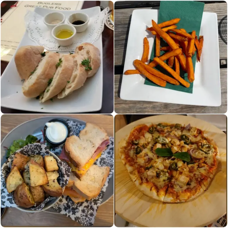 A collage image of scones, fries and pizza of Buglers Pub in Dublin.