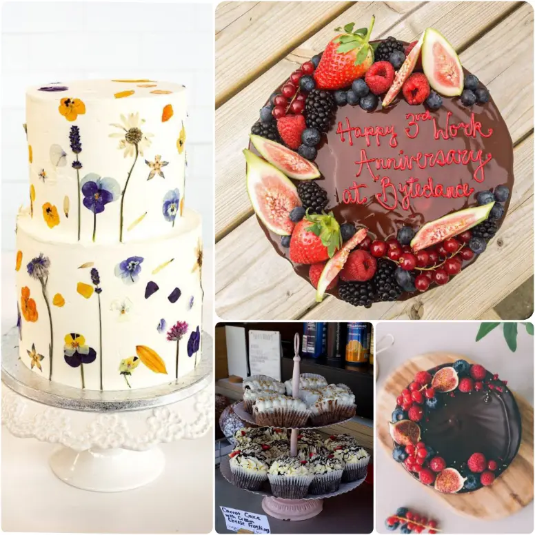 Handcrafted birthday cakes and cupcakes from Camerino Bakery, featuring buttercream flowers and personalized toppers.