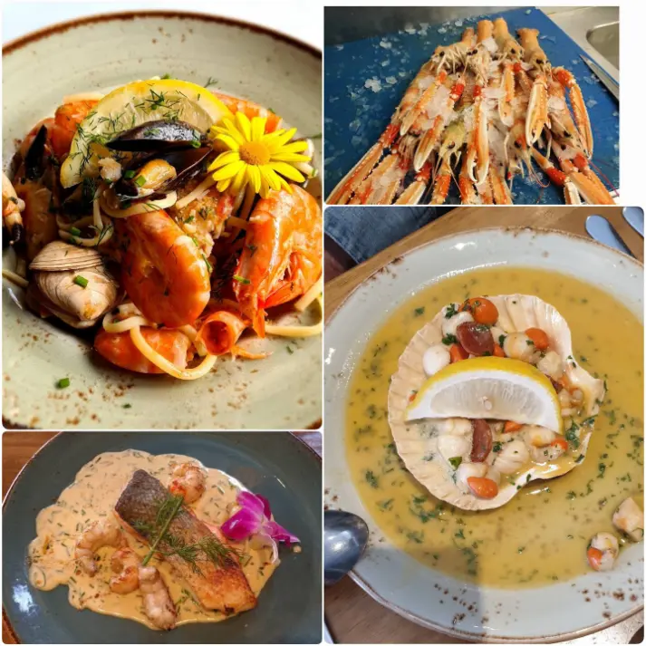 A mix of seafood dishes at Cavistons Seafood Restaurant including seafood linguine, langoustines, scallop in shell, and salmon in cream sauce.