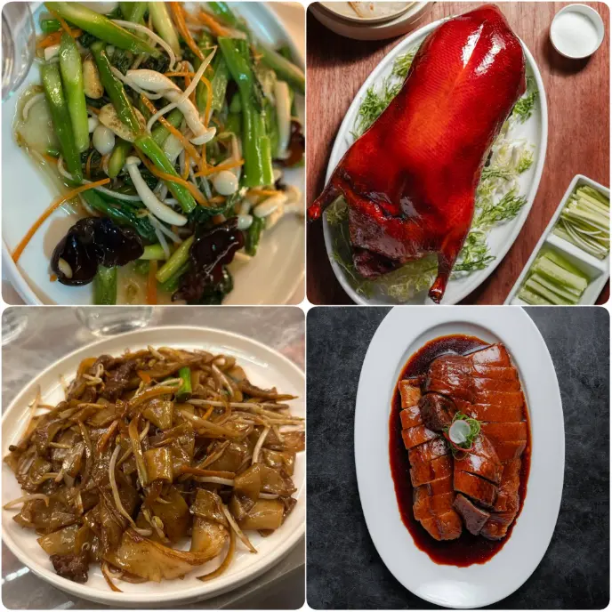 A collage image of pecking Duck, fried vegetables and noodles of China Tang 粤苑 in Dublin.