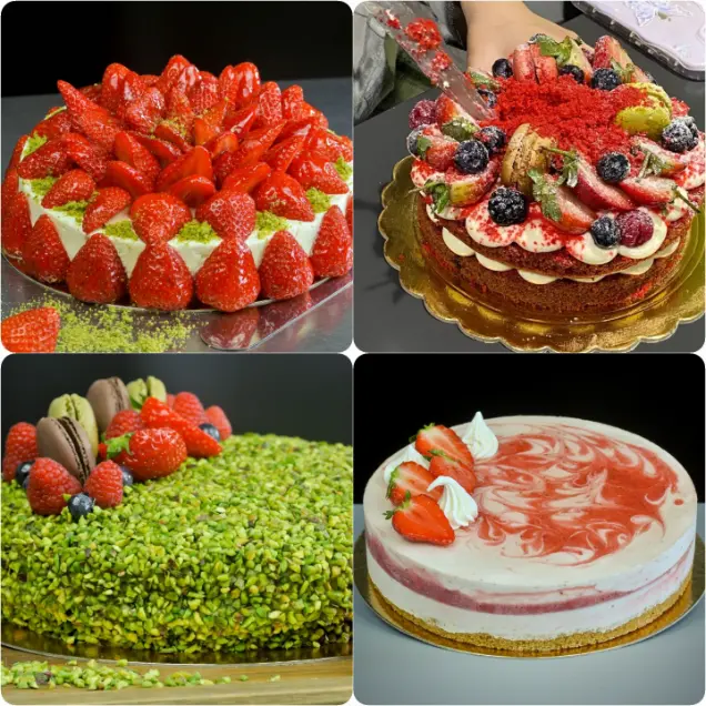 A variety of fruit-topped cakes, multi-tiered naked cakes, and chocolate berry cakes from Dolce Sicily.