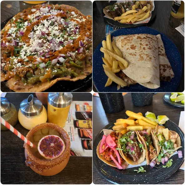 A collage image of Burritos, fries and drinks of El Grito Mexican Taqueria in Dublin.