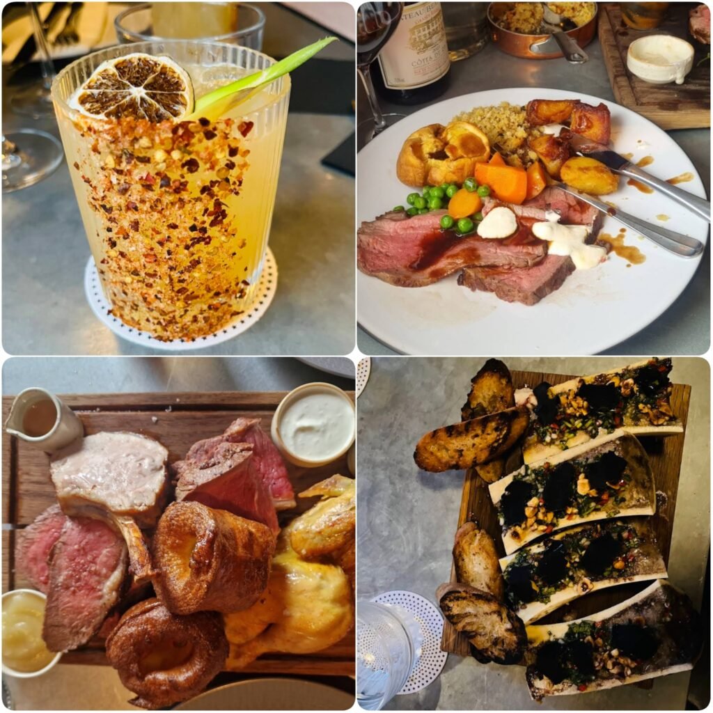 A collage image of steak, grilled marrow bones and cocktails of Eleven in Dublin.