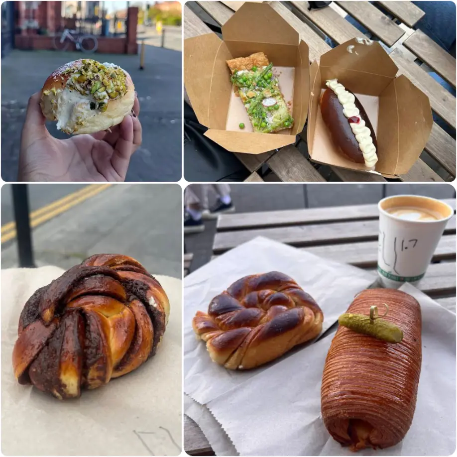 A collage image of pistachio maritozzi, pastry and coffee of Elliott's in Phibsborough in Dublin.