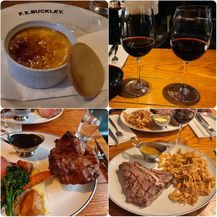 A image showing steak, dessert and wines of F.X. Buckley Steakhouse in Dublin.