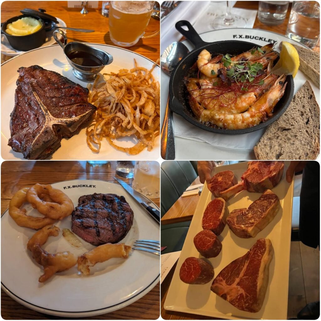 A collage image of Rib-eye and prawns of FX Buckley steakhouse in Dublin.