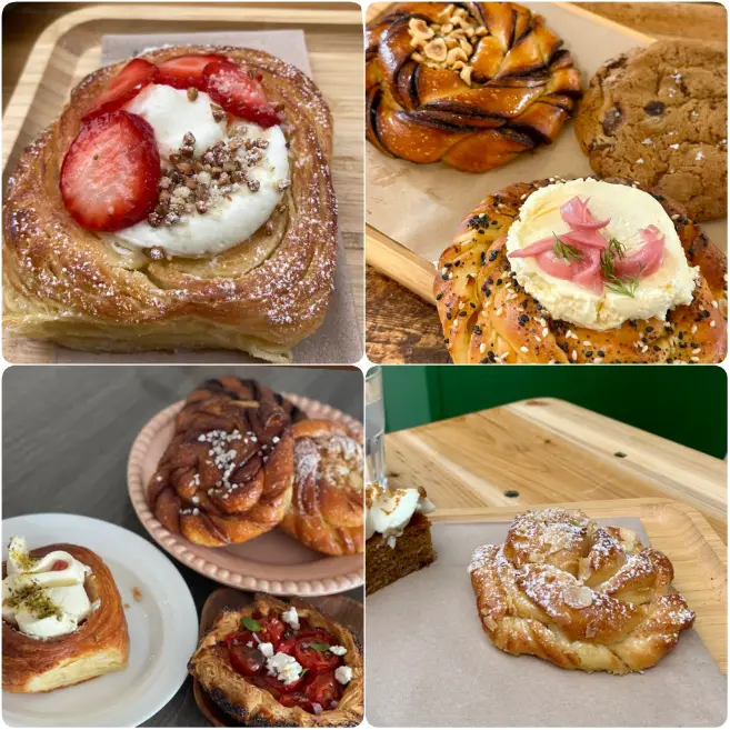 A collage image of cheesy buns and scones of Fable Bakery in Dublin.