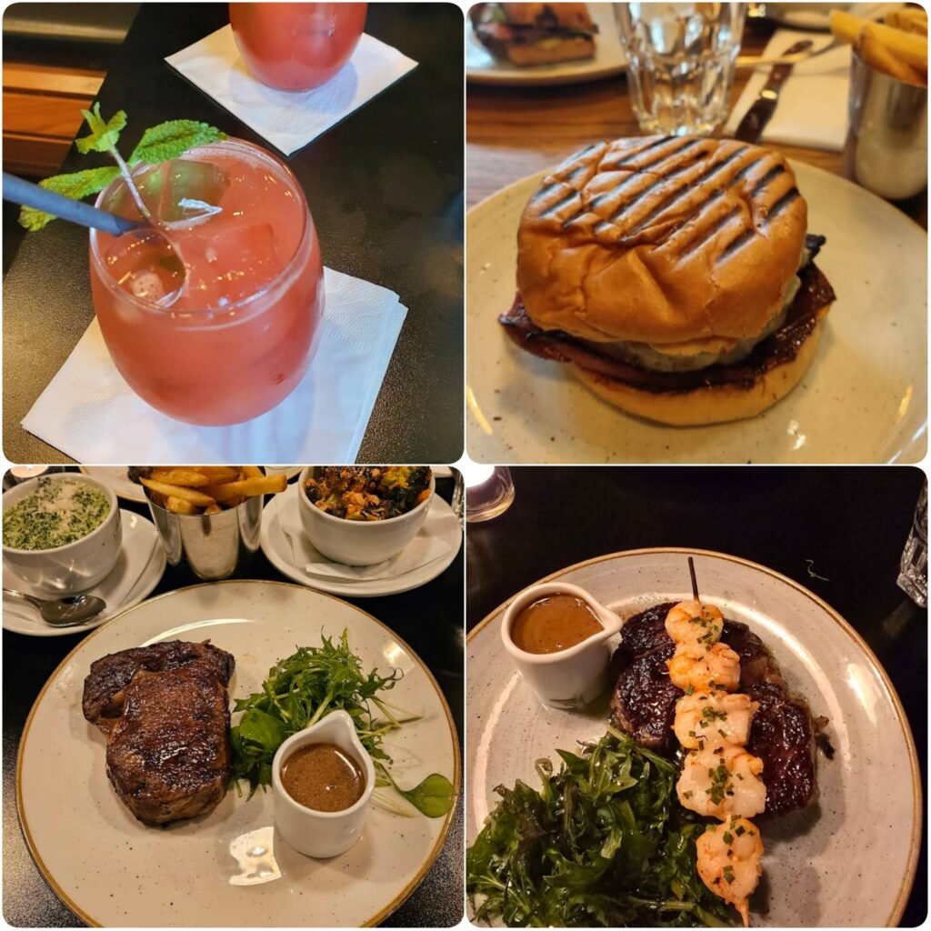 A collage image of beef burger, steaks and mocktails of Featherblade in Dublin.