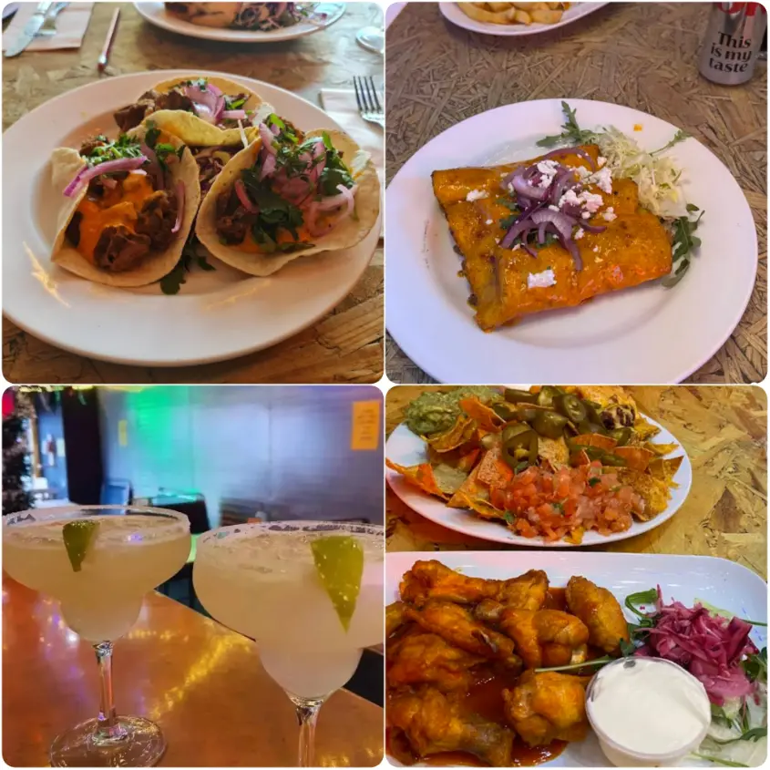 A collage image of Burrito steak and cocktails of Fiesta Mexicana Restaurant in Dublin.