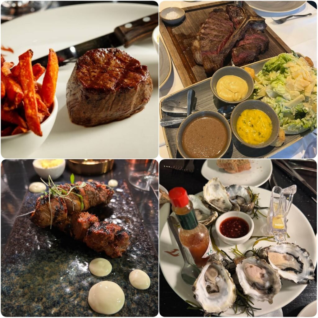 A collage image of steaks and seafood of Fire steakhouse and Bar in Dublin.