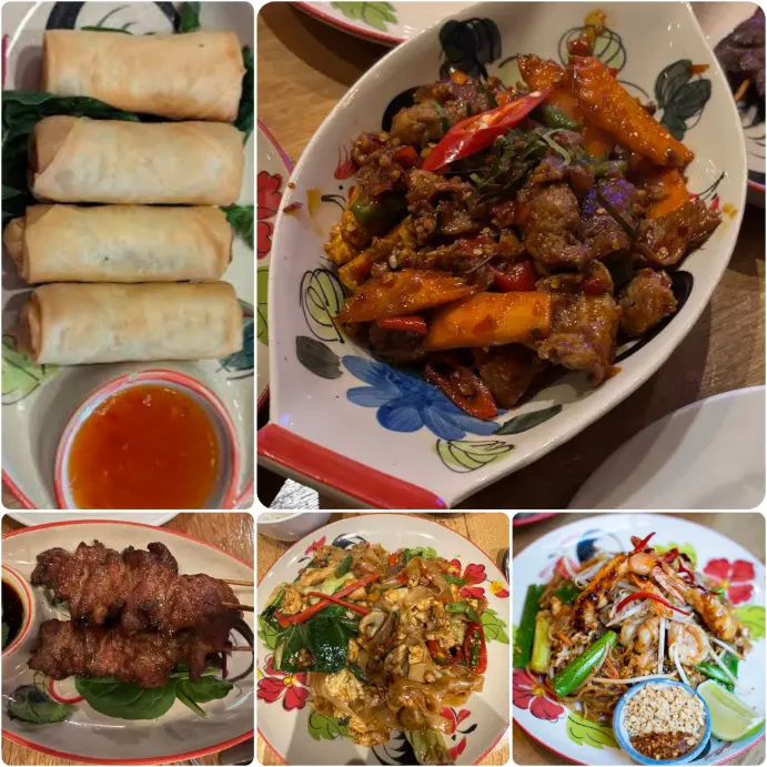 A collage image of Pad Thai, beef sizzling and spring rolls of Full Moon Thai restaurant in Dublin.
