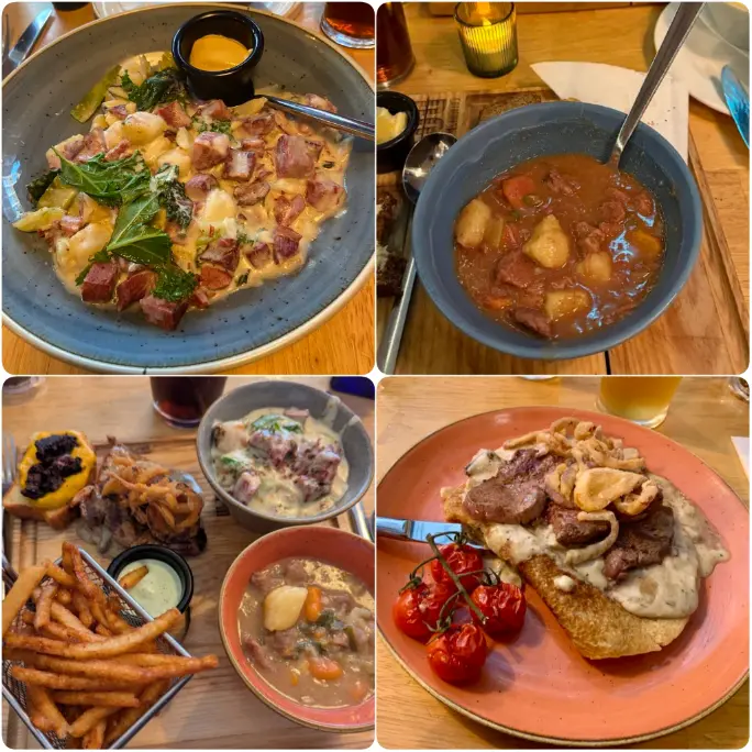 A collage image of Seafood chowder, meat and fries of Gallaghers Boxty House in Dublin.