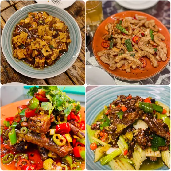 An assorted image of mapo tofu, fried cabbages and chicken of Hakkahan Chinese 川九香.