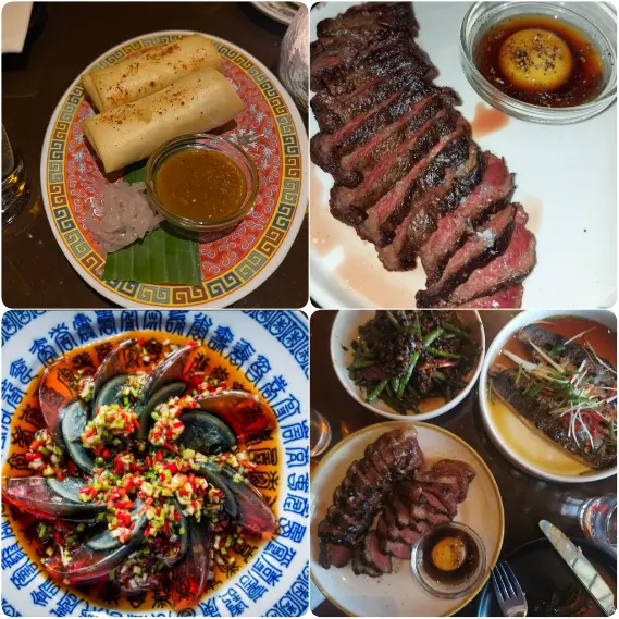 A collage image of spring rolls, steaks and oysters of Hang Dai.