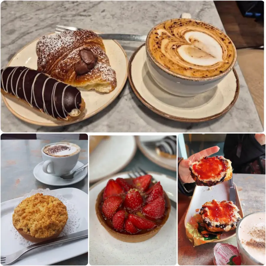 A collage image of raisin Danish, chocolate twist and coffee of Il Valentino Bakery & Café in Dublin.