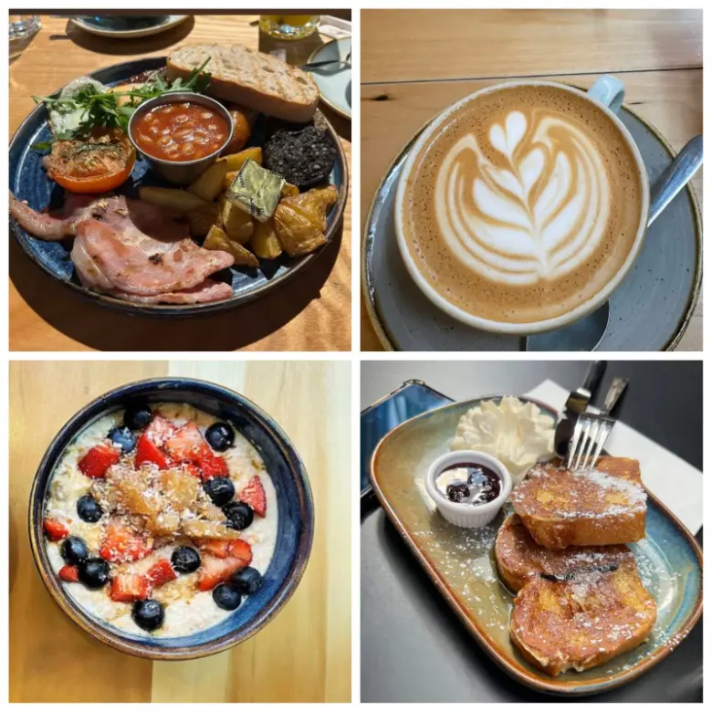 A collage image of breakfast burrito and coffee of Jay kay's café in Dublin.