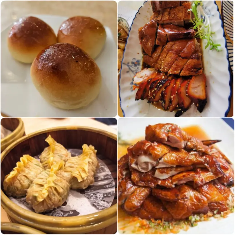 A collage image Buns, chicken and dumplings of Ka Shing.