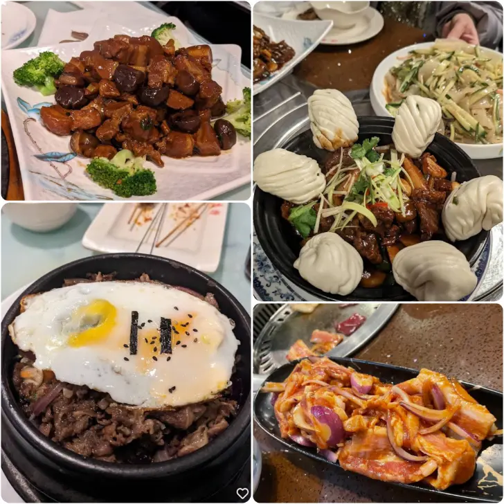 A collage image of Lao Beef Skewers and dumplings of Lao Chinese and Korean BBQ Restaurant in Dublin.