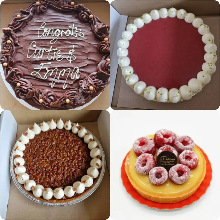 A selection of elegant gourmet cakes from Le Pâtissier, including chocolate, raspberry, lemon, and nut-topped tarts.
