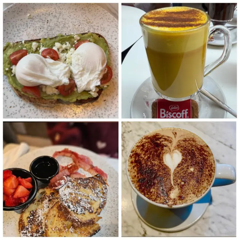 A collage picture of avocado toast, cappuccino and snacks of Lemon Jelly café in Dublin