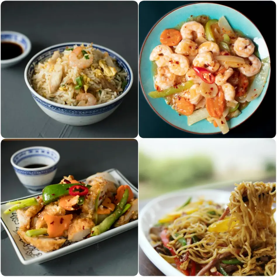 A collage image of fried rice, prawns and Chinese noodles of Lin Kee in Dublin.