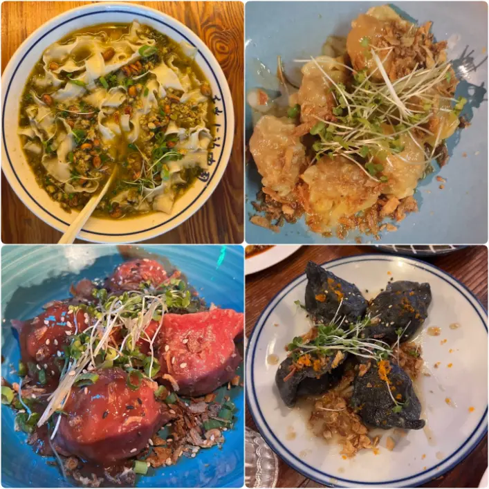 Plates of crispy fried wontons, green vegetable dumplings, and a full Chinese meal spread at Little Dumpling, Dublin