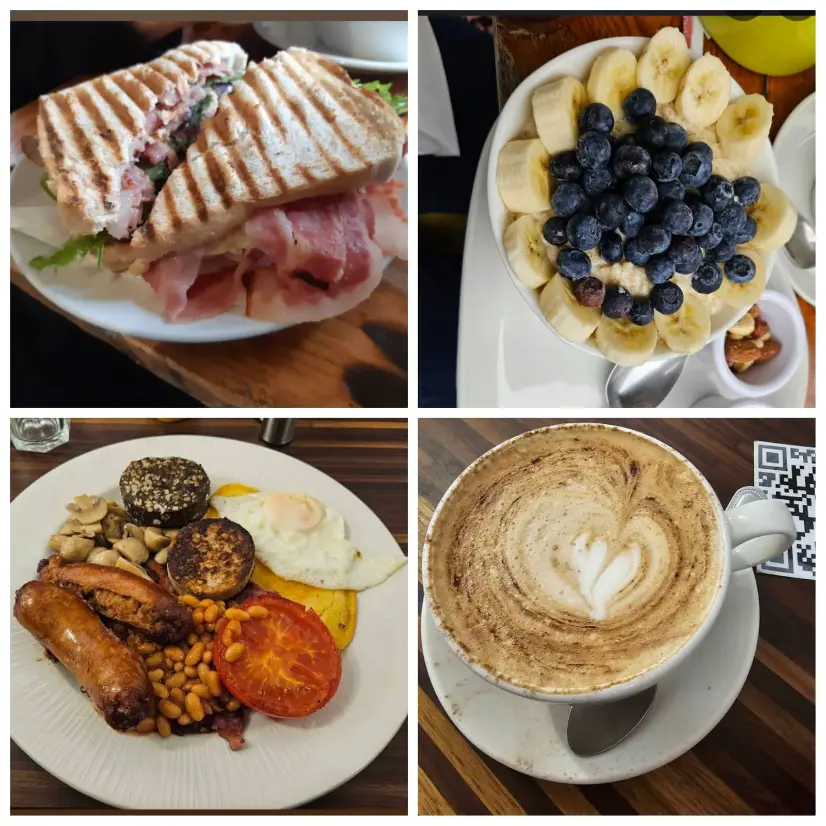 An assorted image of breakfast, porridge and coffee of Lovinspoon café in Dublin.