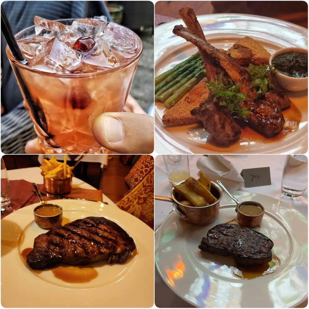 A collage image of Steak and refreshing cocktail of Marco Pierre White Courtyard Bar & Grill in Dublin.