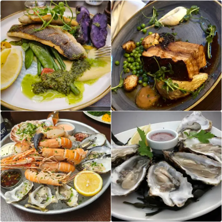 Hearty seafood chowder, fish and chips, mussels, and calamari at Matt The Thresher, Dublin.