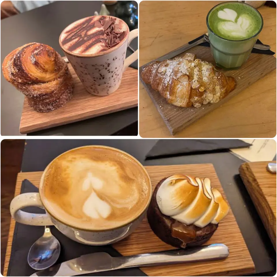 A snap showing Hot chocolate, cinnamon roll, tiramisu and coffee of Mind The Step, Late-Night Pastries.