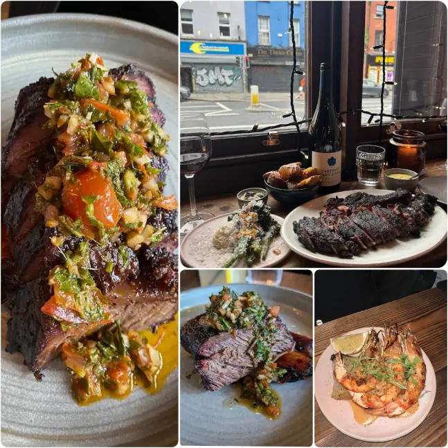 A collage image of Charcoal grilled meat and seafood of Mister S in Dublin.
