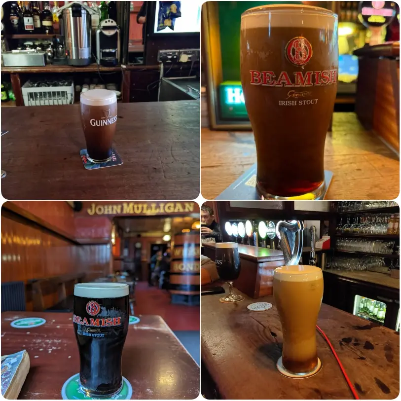 A collage image of Pint of Guinness of Mulligans in Dublin.