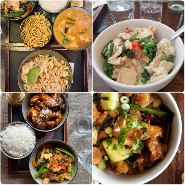 An assorted image of Penang curry, ,sweet and sour chicken and other lunch dishes of Neon Asian street food.