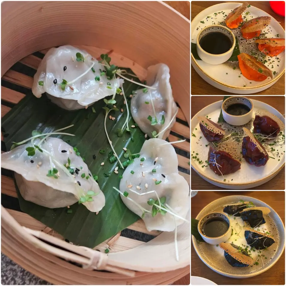 Colorful selection of dumplings, including green, yellow, black, and white, served in small bowls at Queen Stop Bar and Restaurant Dublin