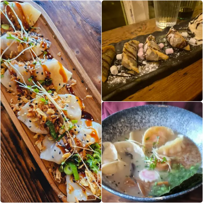 Steamed dumplings with sesame seeds, and colorful dipping sauces at Ramen Co, Dublin