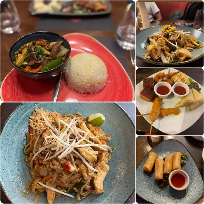 An assorted image of Pad Thai, fried Rice and Thai snacks of Red Torch Ginger in Dublin.