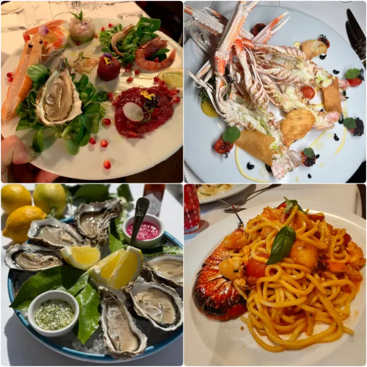 Elegant seafood platter, fresh langoustines, oysters, and lobster pasta at Rosa Madre, Temple Bar, Dublin.