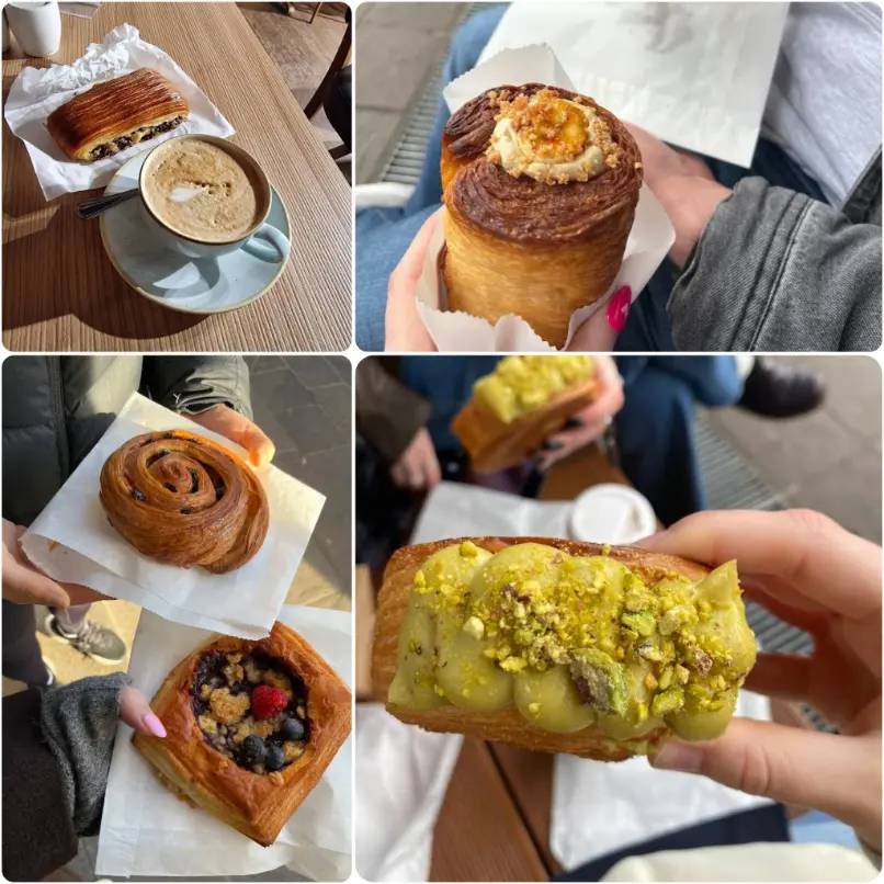 An Image showing golden, flaky pistachio pastries and coffee of Russell Street Bakery.