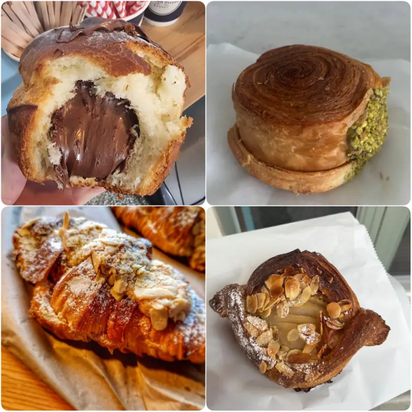 A collage image of chocolate bun, croissants and scones of Russell Street Bakery in Dublin.