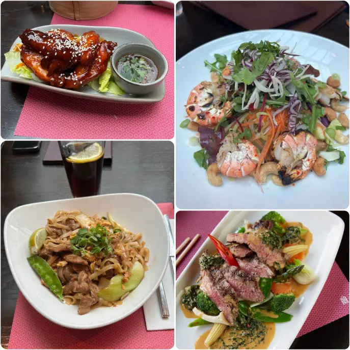 An image showing Thai noodles, pineapple duck and prawn cashew salad of Saba Restaurant in Dublin.