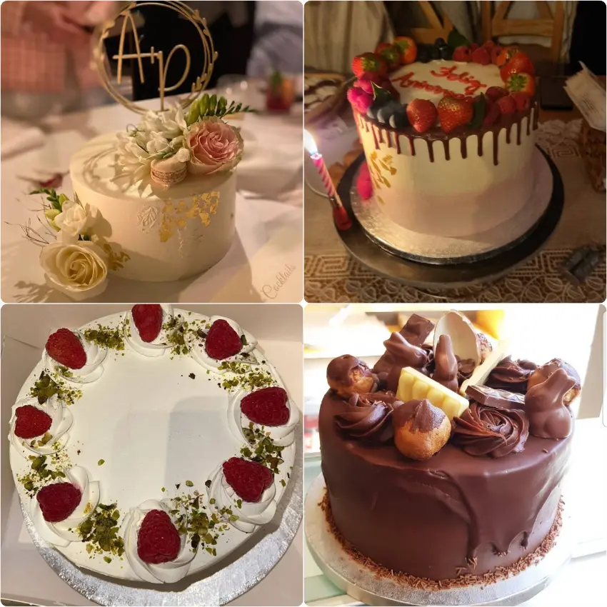 Elegant, flower-decorated cakes with gold details and chocolate drip cakes from SugarLoaf Bakery and Pastry Shop.